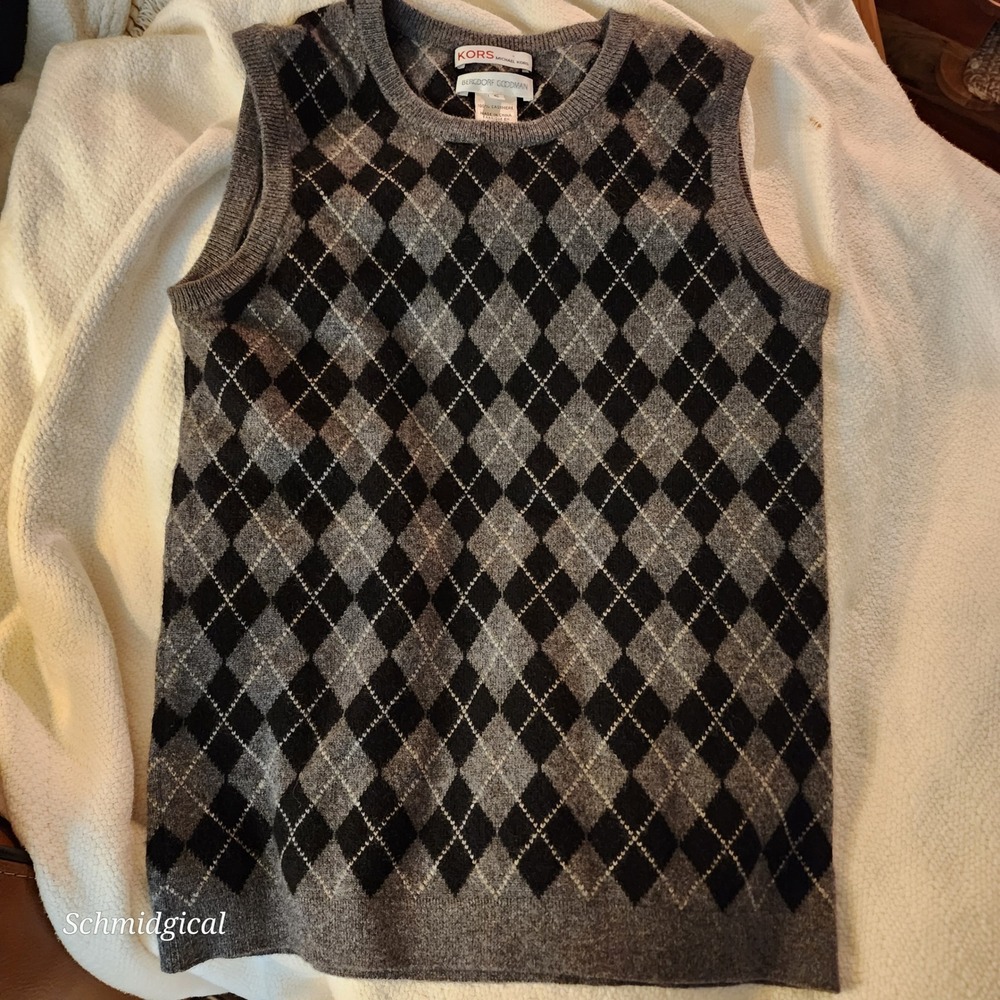 Kors Michael Kors Bergdorf Goodman 100 Cashmere Argyle Sweater Vest Grey Black S